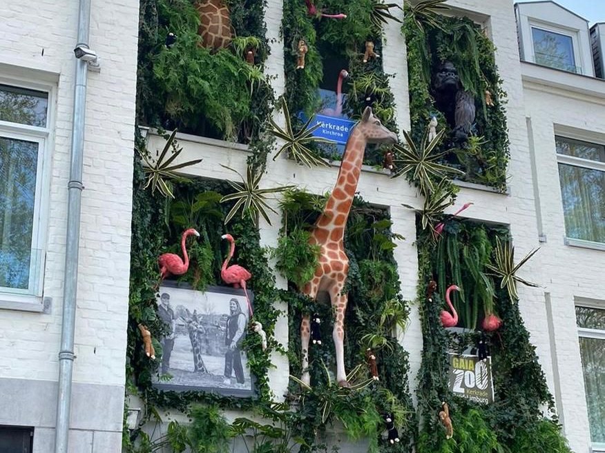 Dschungelfassade mit Giraffen, Flamingos und Grün als Themenfiguren an einer Fassade in Kerkrade