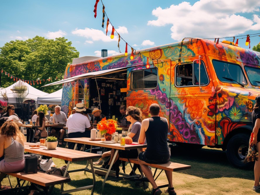 Bunt bemalter Foodtruck mit Picknicktischen auf einem sonnigen Festival