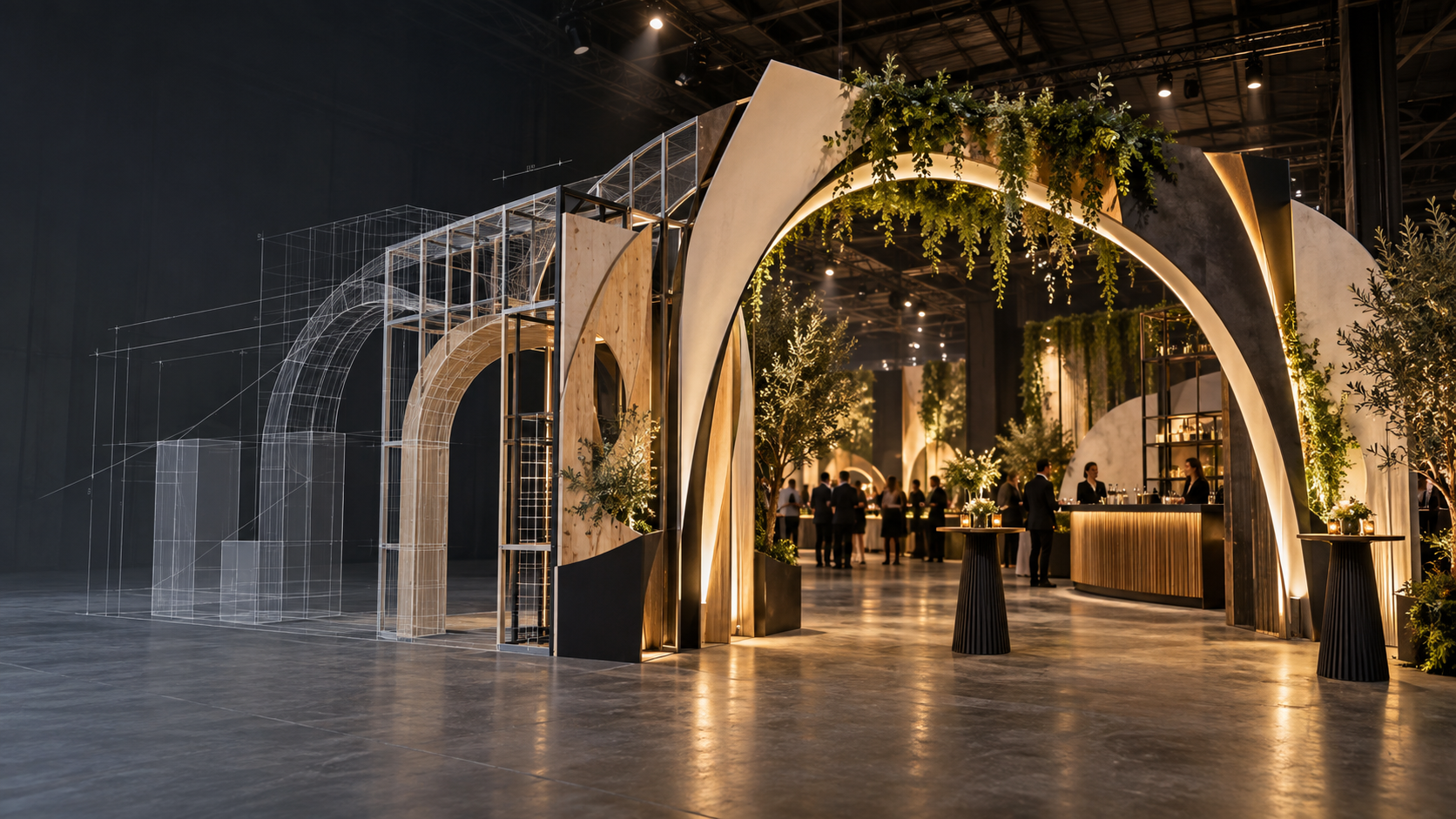 Vom 3D-Entwurf zum realisierten Entwurf: Bogenkonstruktion mit Grün und Licht in einer Eventhalle