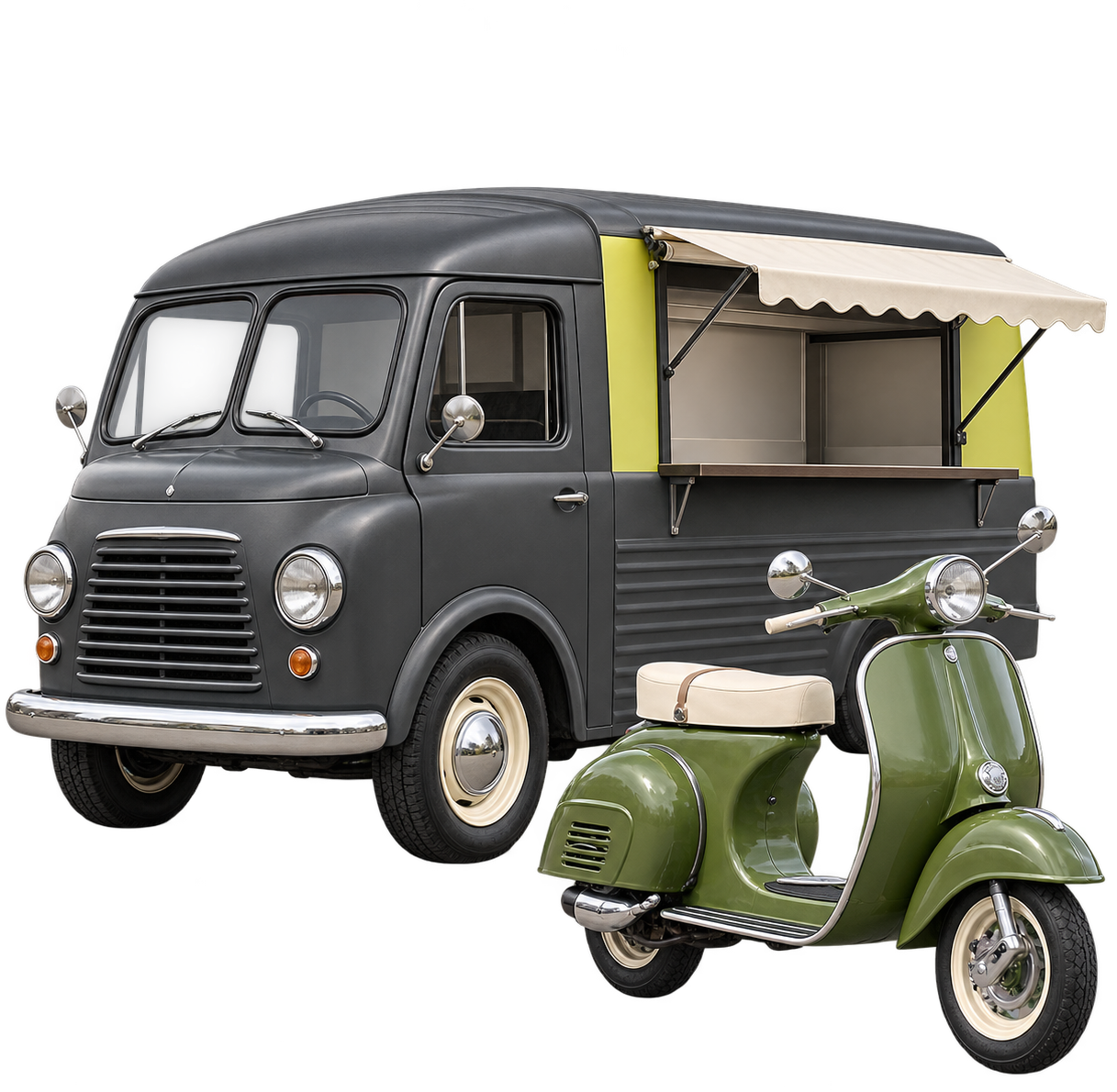 Vintage-Foodtruck und grüner Roller als dekorative Fahrzeuge für Events